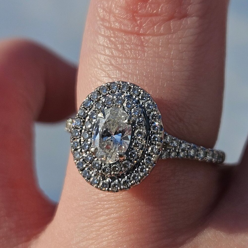 14K White Gold Oval Diamond Double Halo Love Story Engagement Ring Size 6.75